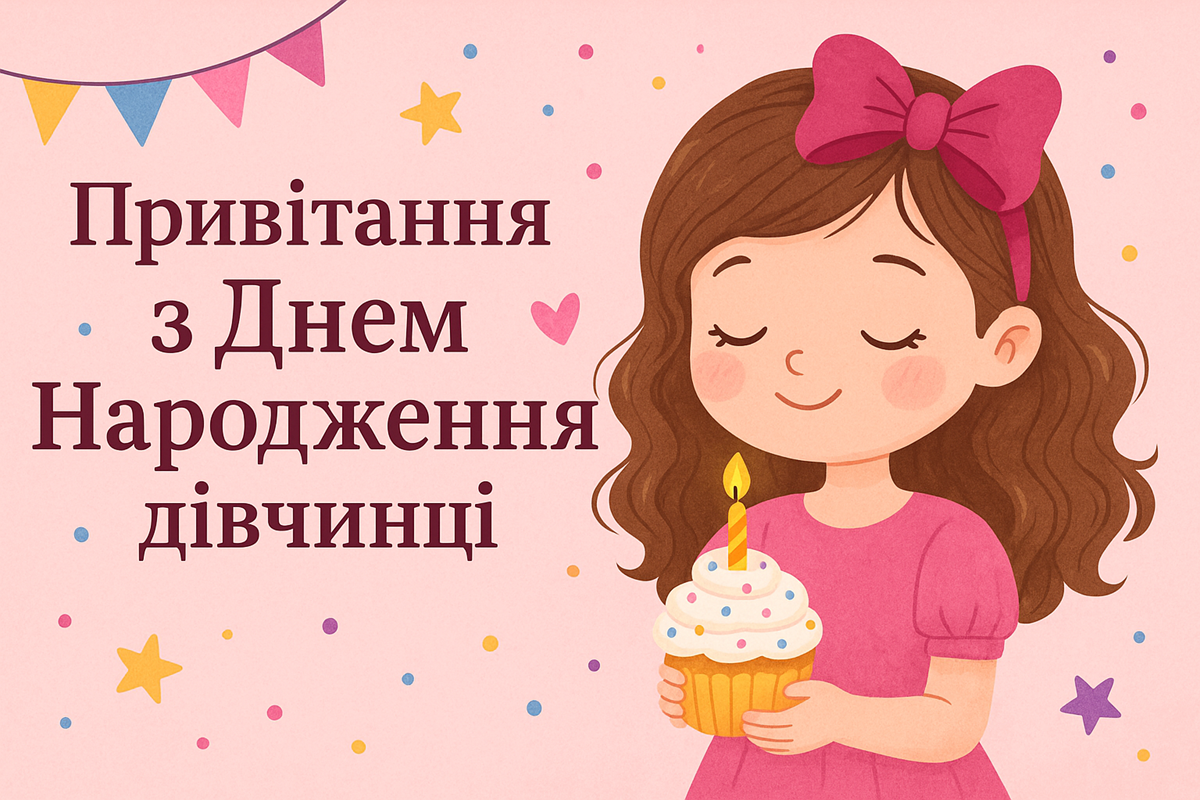 Вітання з днем народження дівчинці, яскрава святкова картинка з тортом та подарунками 🎉🎂🌸
