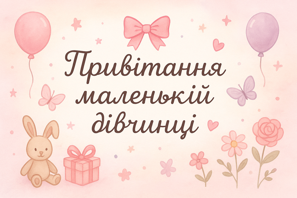 картинка-листівка Привітання маленькій дівчинці з зайчиком та кульками й подарунком🎀