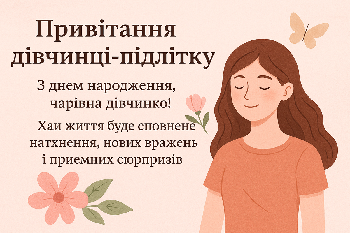 Привітання з днем народження дівчинці-підлітку, яскрава святкова картинка з квітами та метеликами🎉🎂🌸