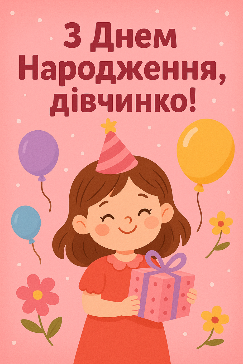 Привітання з днем народження дівчинці, святкова картинка з кульками та подарунками 🎉🌸